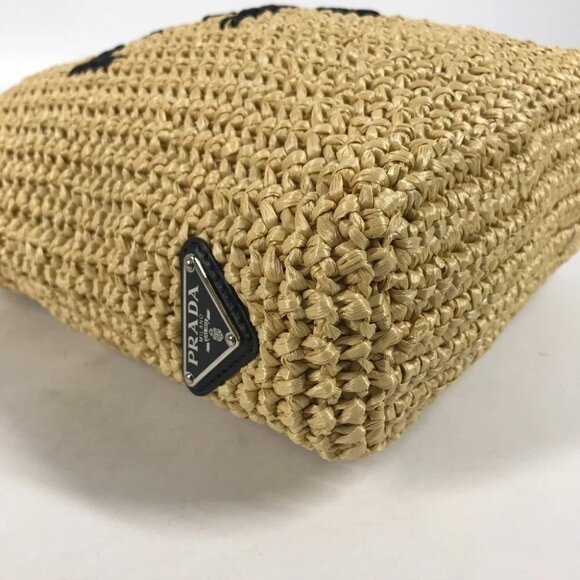 PRADA 1BG422 Basket Straw Bag Crochet Lettering Logo Tote Bag Hand Bag - Picture 4 of 9